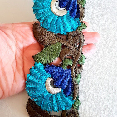Blue And Green Floral Embroidery Trim, Flower Cut Work One Yard Lace Trim, Approx. 65mm Wide